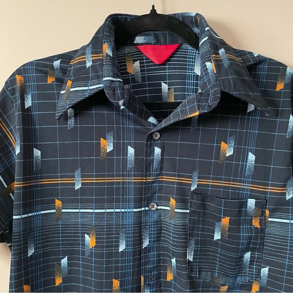 SOLD Vintage Short Sleeve Button Down Shirt Dagger Collar Mixed Print M - Picture 3 of 4